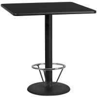 Flash Furniture XU-BLKTB-4242-TR24B-4CFR-GG 42'' Square Black Laminate Table Top with 24'' Round Bar Height Table Base and Foot Ring 